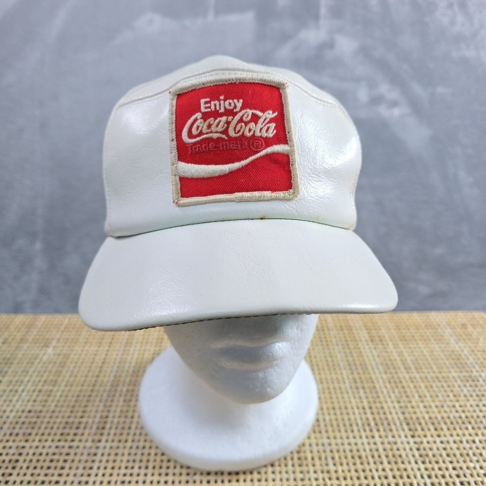 Vintage 80's 90's Coca-Cola Trucker Snapback Hat Cap White Leather Rare